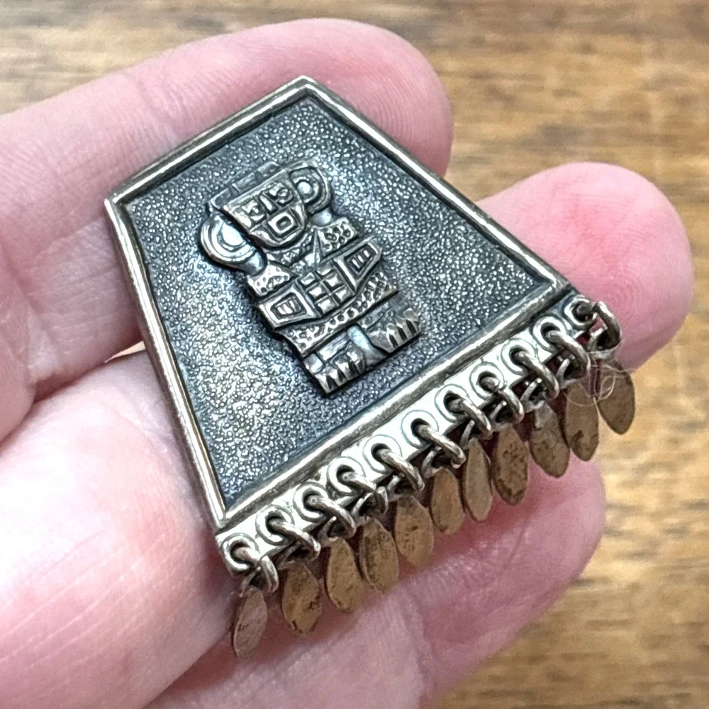 Vintage Peruvian Mexico Mayan Sterling Silver Brooch Warrior Motif with Tassels